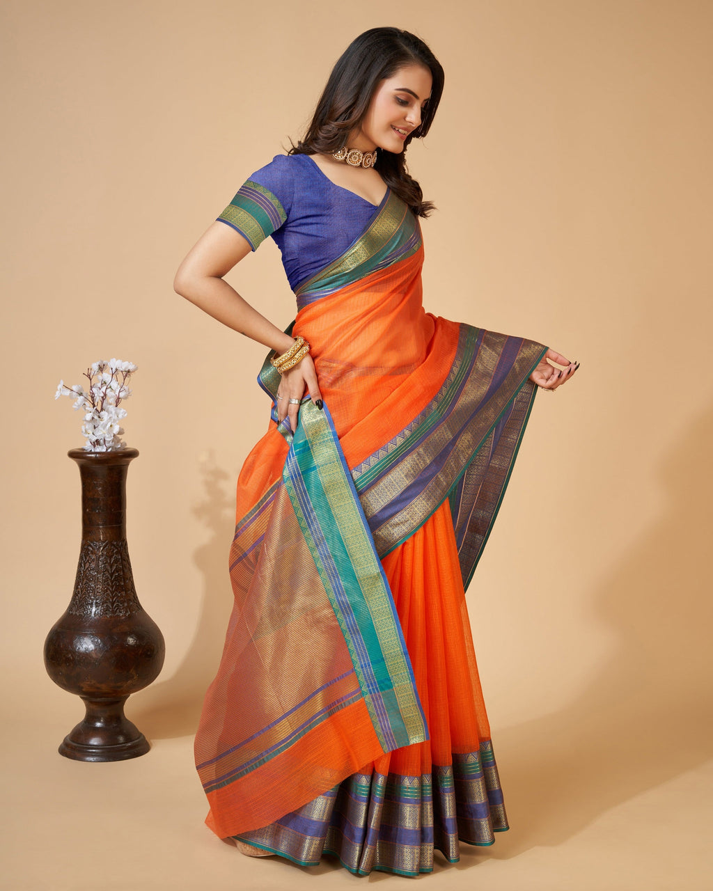 Vedant Vastram Cotton Silk Silk Jacquard Fancy Saree - Orange | Grocsy