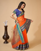 Vedant Vastram Cotton Silk Silk Jacquard Fancy Saree - Orange | Grocsy