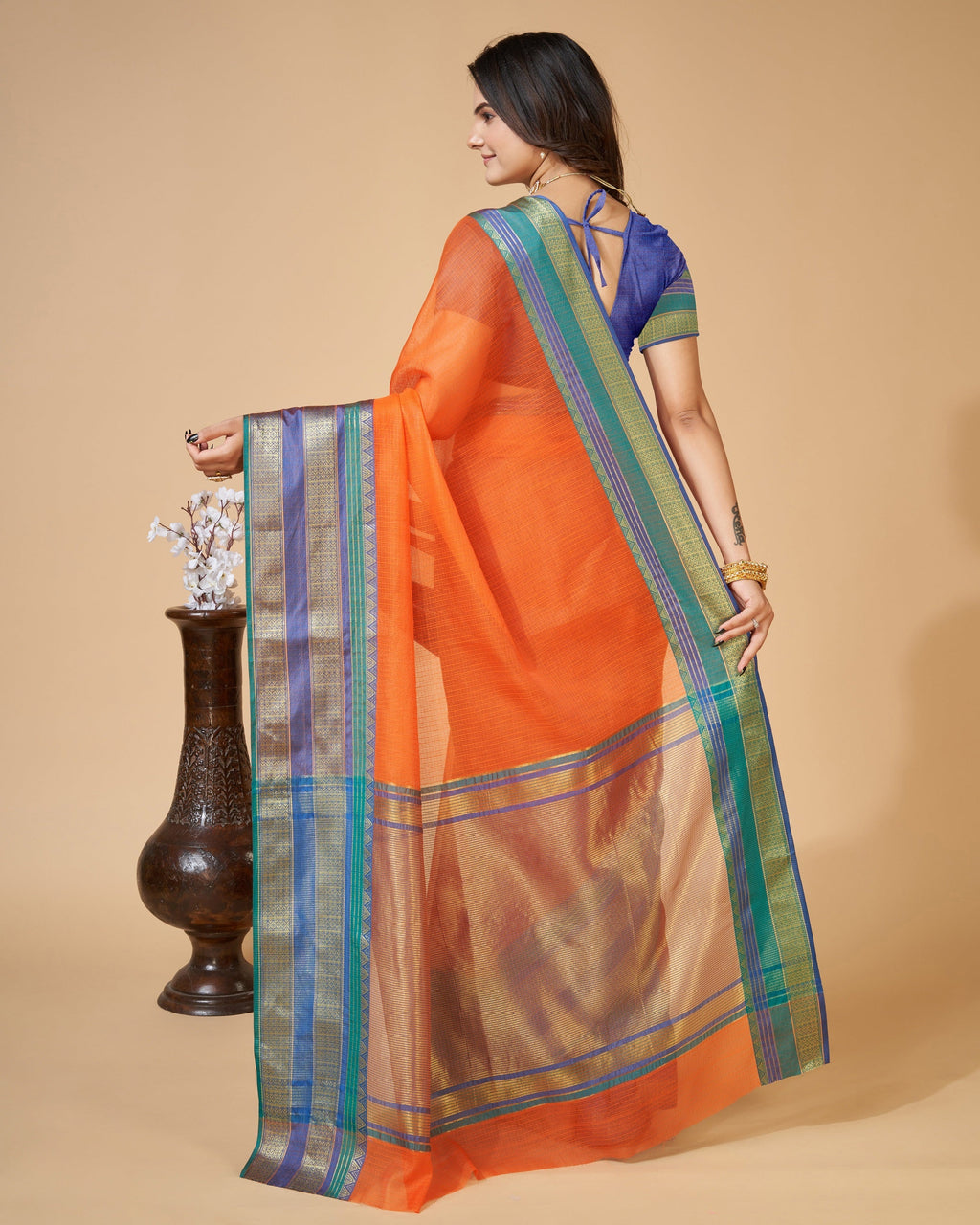 Vedant Vastram Cotton Silk Silk Jacquard Fancy Saree - Orange | Grocsy
