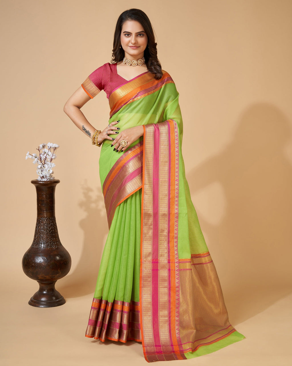 Vedant Vastram Cotton Silk Silk Jacquard Fancy Saree - Parrot | Grocsy