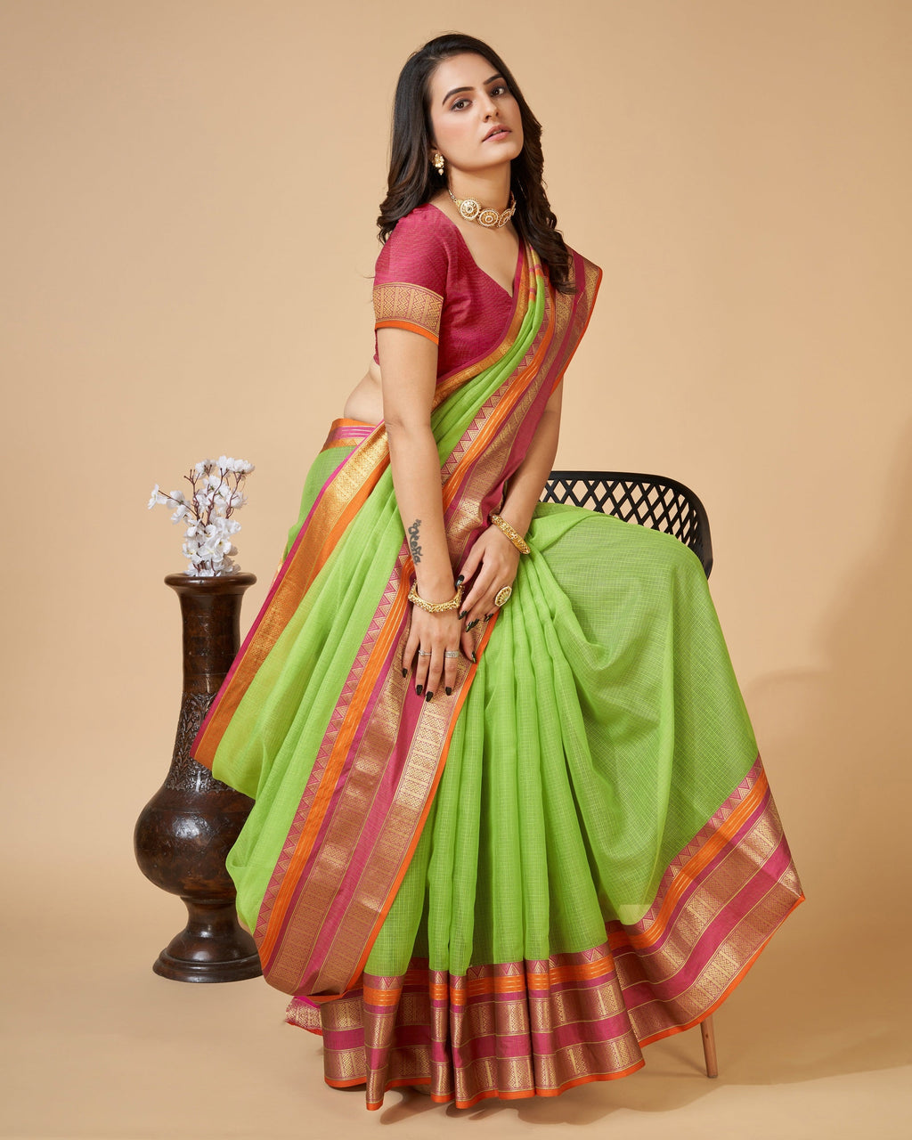 Vedant Vastram Cotton Silk Silk Jacquard Fancy Saree - Parrot | Grocsy