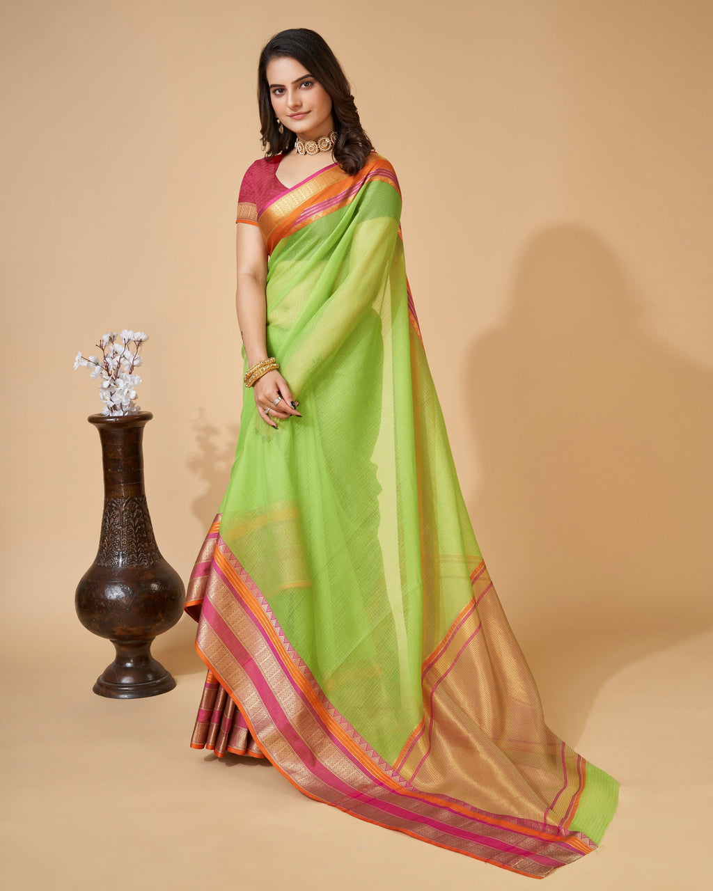 Vedant Vastram Cotton Silk Silk Jacquard Fancy Saree - Parrot | Grocsy