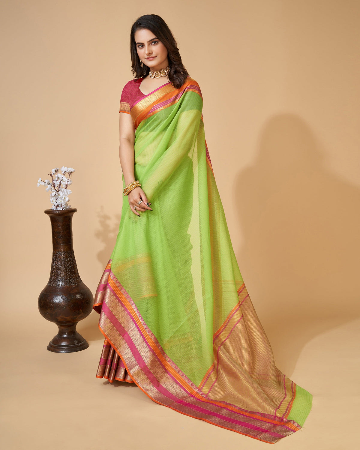 Vedant Vastram Cotton Silk Silk Jacquard Fancy Saree - Parrot | Grocsy