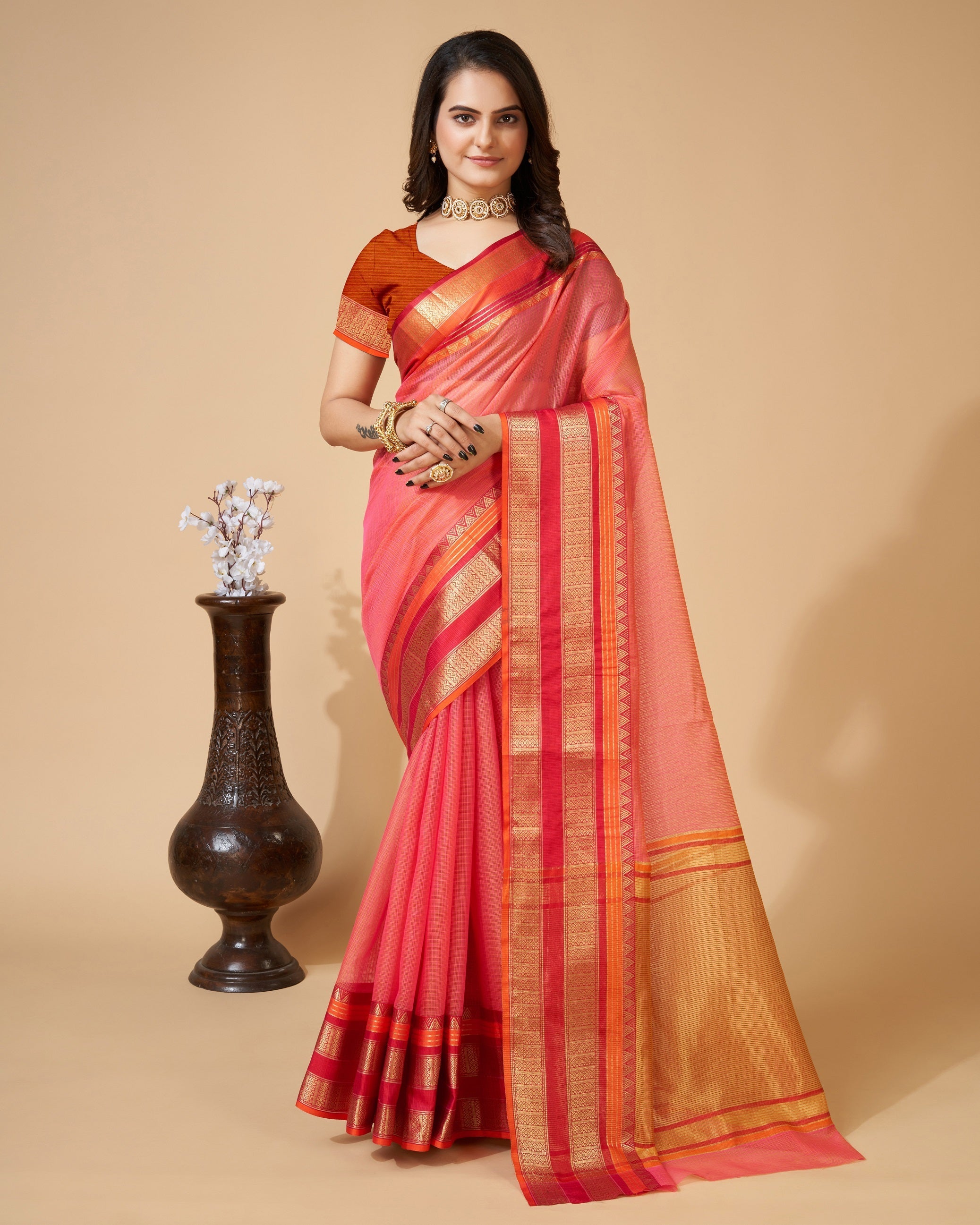 Vedant Vastram Cotton Silk Silk Jacquard Fancy Saree - Pink | Grocsy