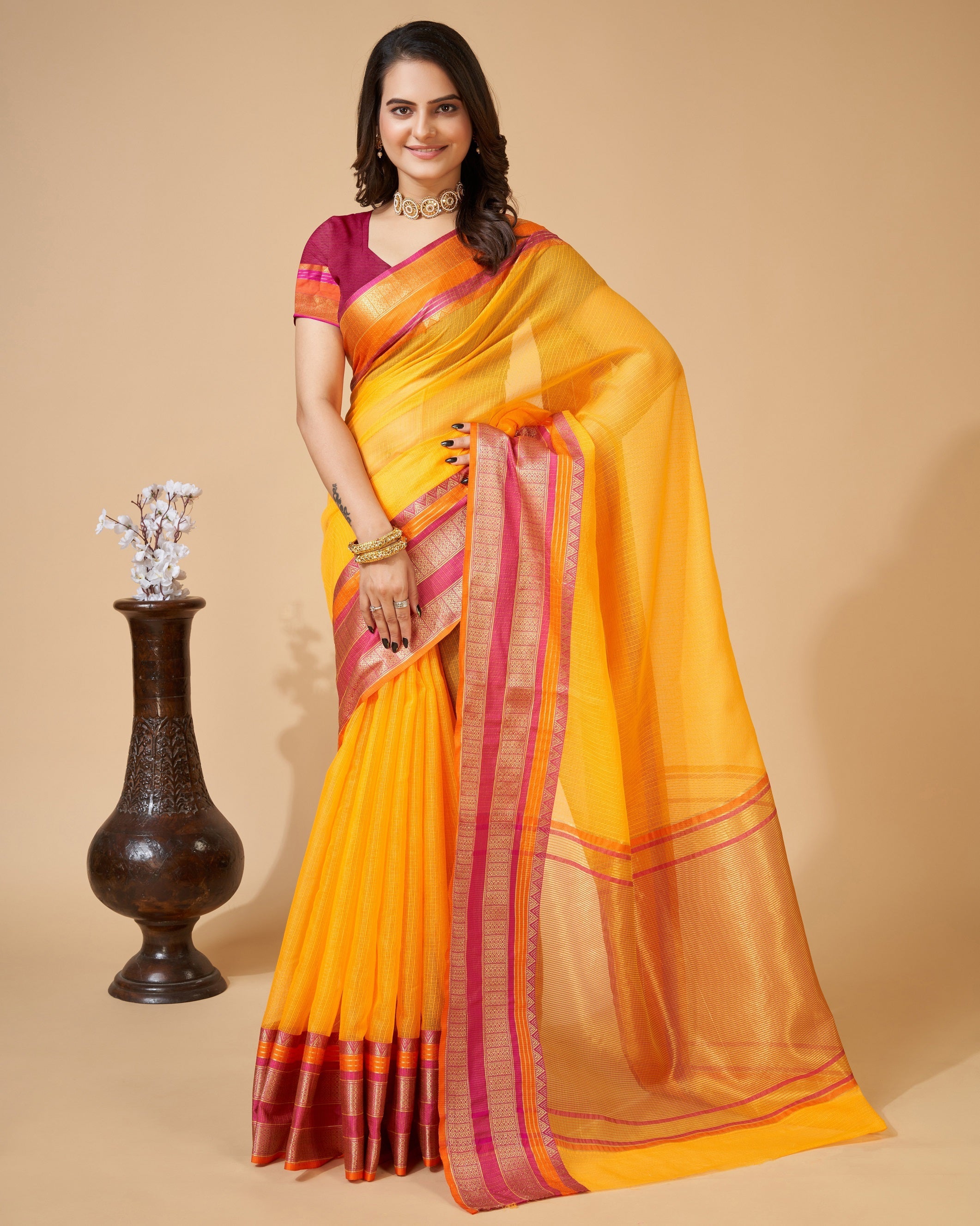 Vedant Vastram Cotton Silk Silk Jacquard Fancy Saree - Yellow | Grocsy