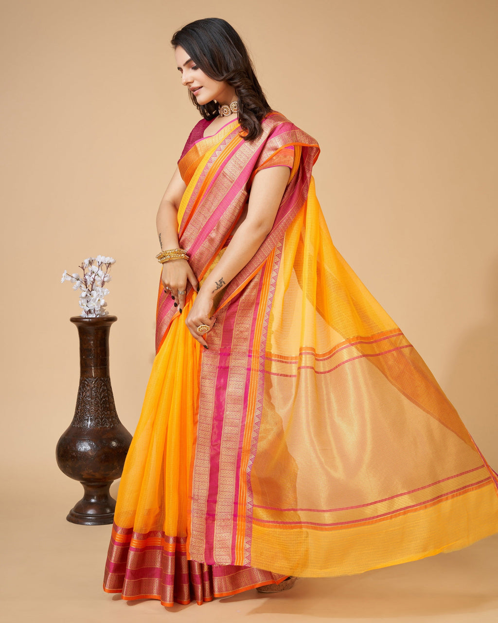 Vedant Vastram Cotton Silk Silk Jacquard Fancy Saree - Yellow | Grocsy