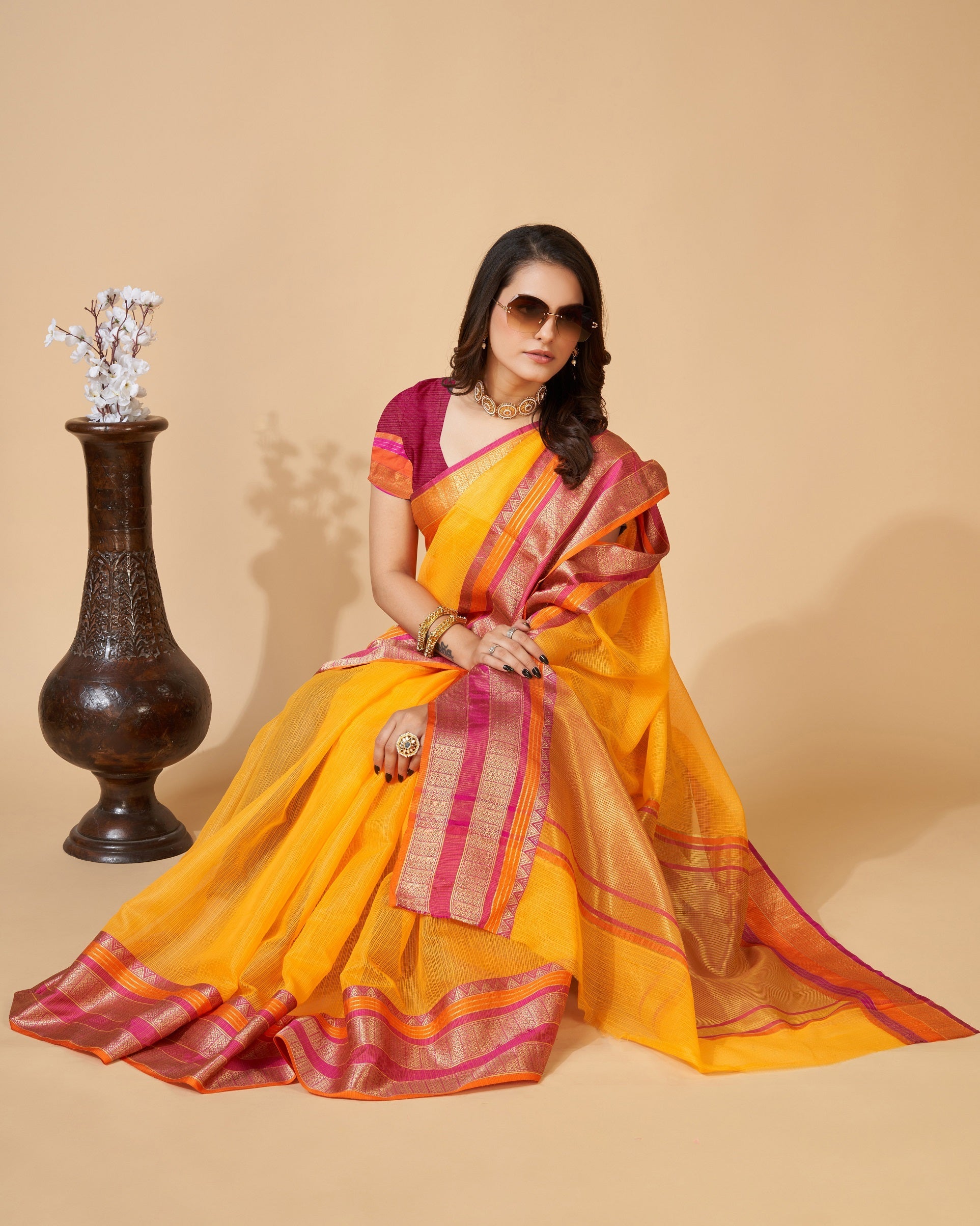 Vedant Vastram Cotton Silk Silk Jacquard Fancy Saree - Yellow | Grocsy
