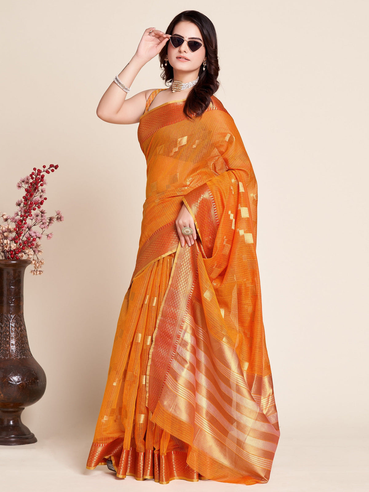 Vedant Vastram Cotton Silk Silk Jacquard Fancy Saree - Orange | Grocsy