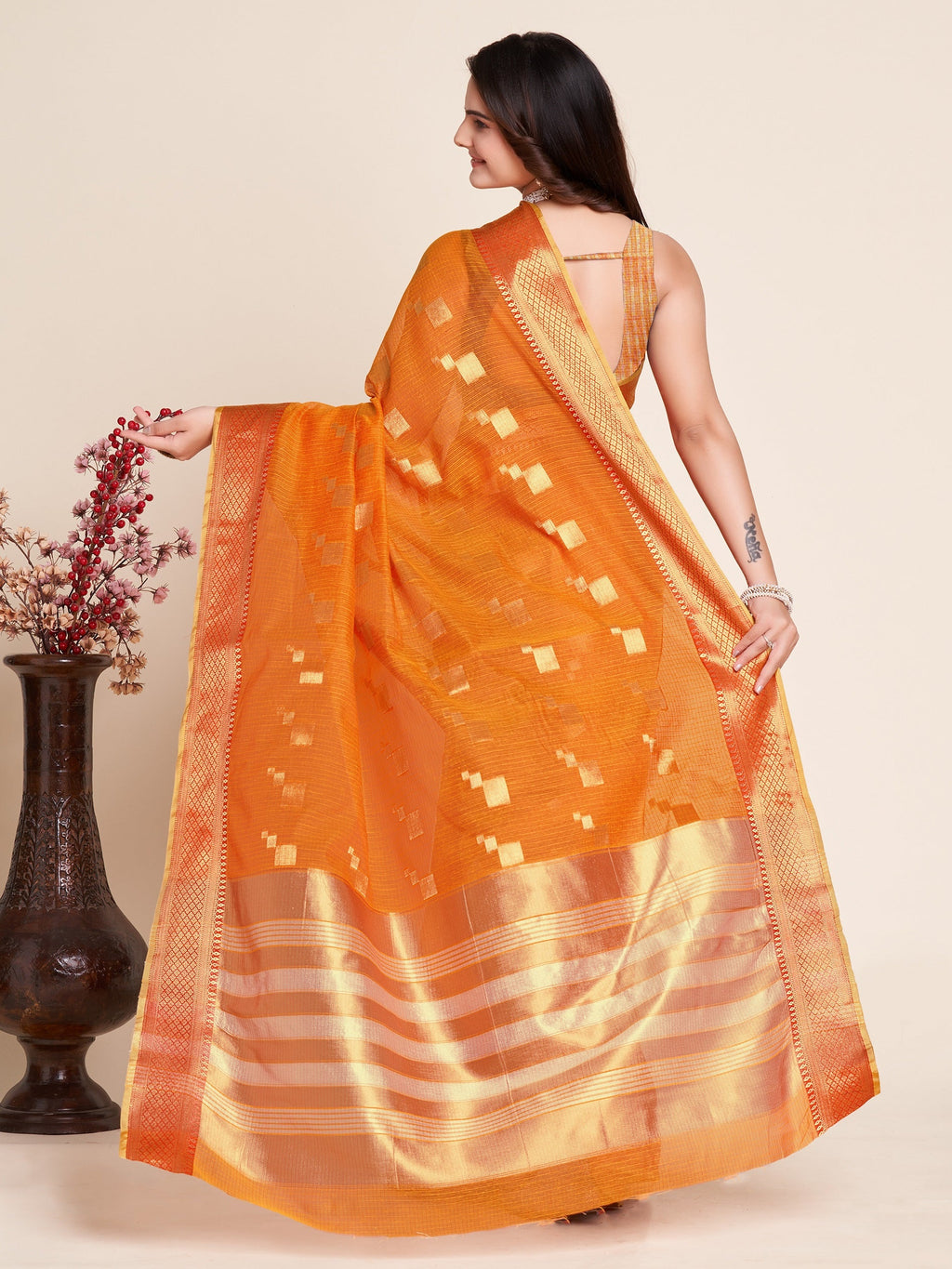 Vedant Vastram Cotton Silk Silk Jacquard Fancy Saree - Orange | Grocsy