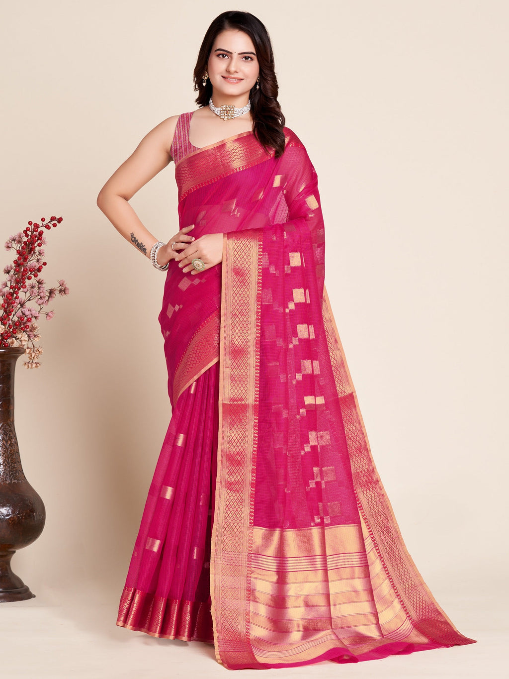 Vedant Vastram Cotton Silk Silk Jacquard Fancy Saree - Pink | Grocsy