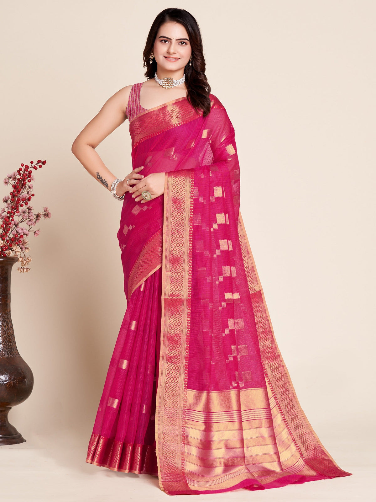 Vedant Vastram Cotton Silk Silk Jacquard Fancy Saree - Pink | Grocsy