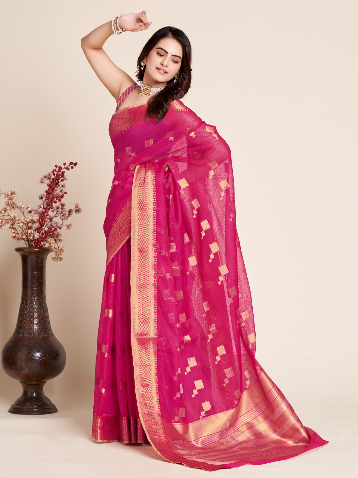 Vedant Vastram Cotton Silk Silk Jacquard Fancy Saree - Pink | Grocsy