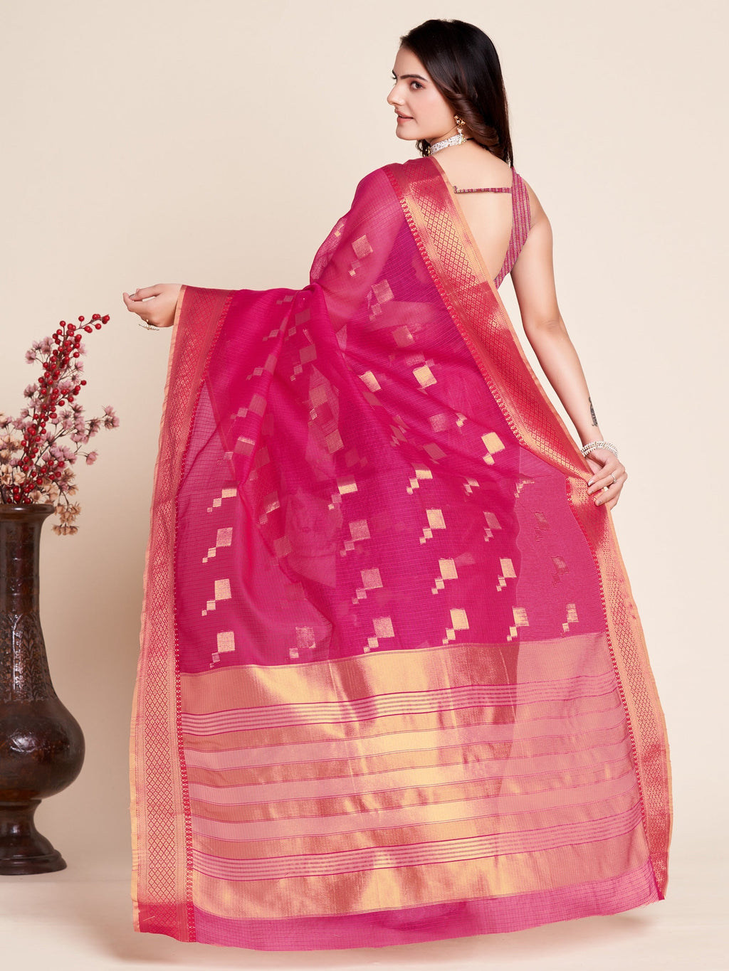 Vedant Vastram Cotton Silk Silk Jacquard Fancy Saree - Pink | Grocsy