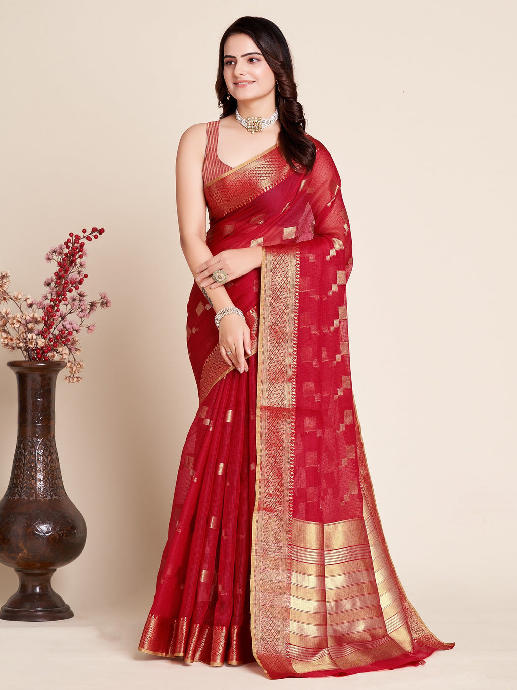 Vedant Vastram Cotton Silk Silk Jacquard Fancy Saree - Red | Grocsy
