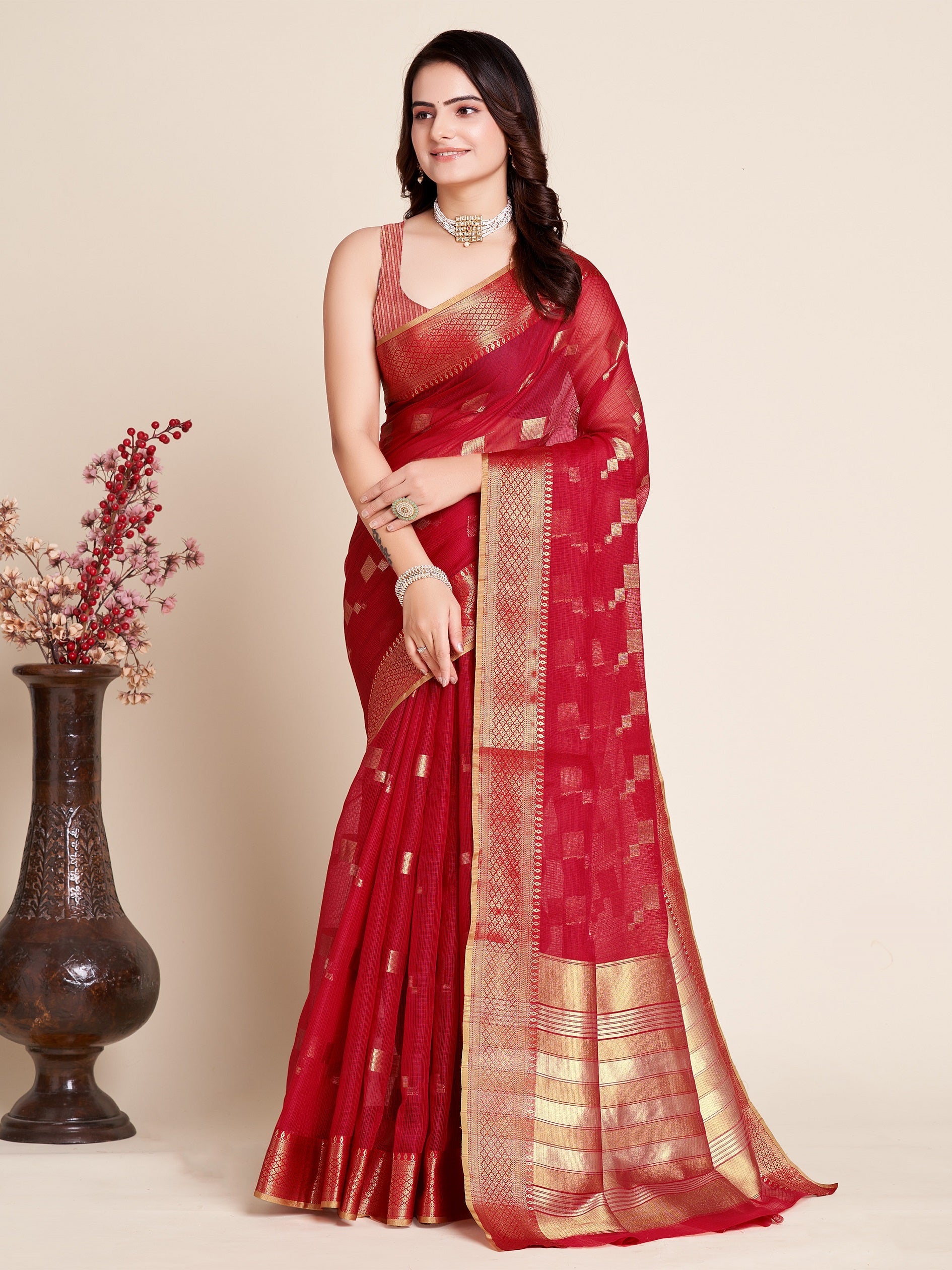 Vedant Vastram Cotton Silk Silk Jacquard Fancy Saree - Red | Grocsy