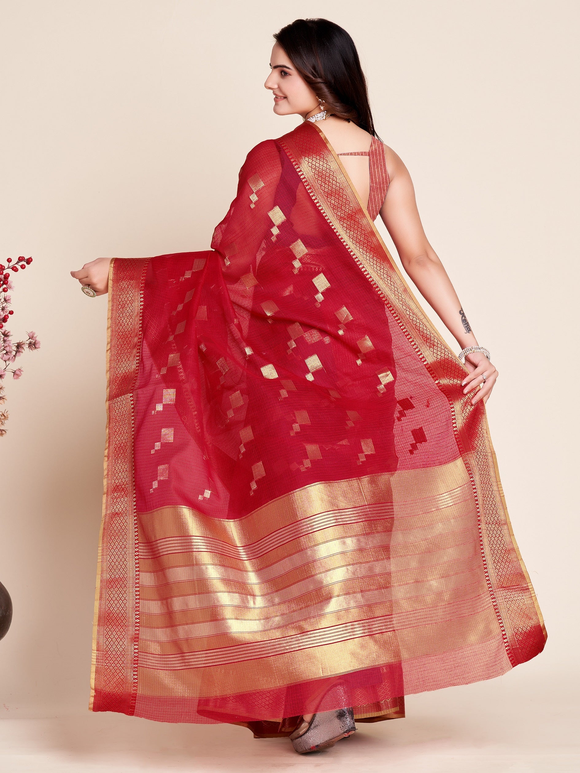 Vedant Vastram Cotton Silk Silk Jacquard Fancy Saree - Red | Grocsy