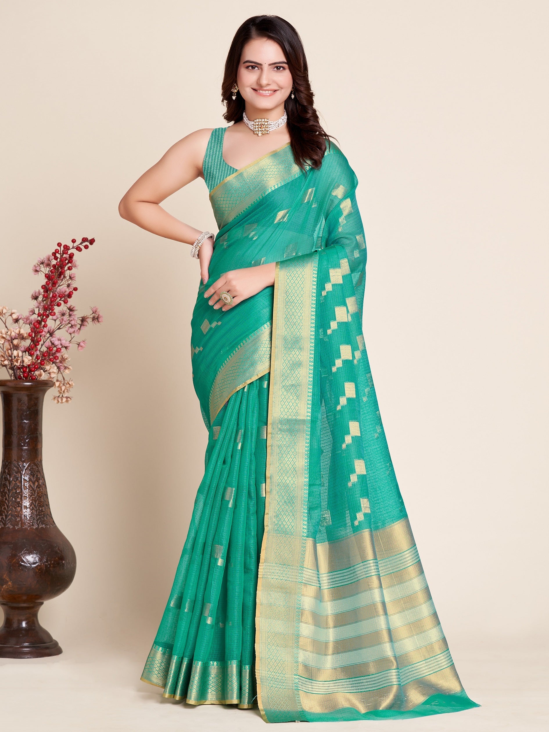 Vedant Vastram Cotton Silk Silk Jacquard Fancy Saree - Seegreen | Grocsy