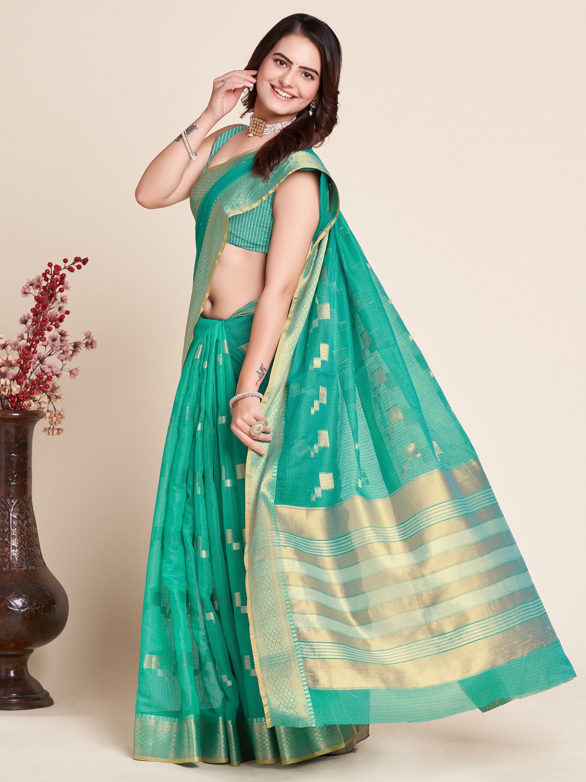 Vedant Vastram Cotton Silk Silk Jacquard Fancy Saree - Seegreen | Grocsy