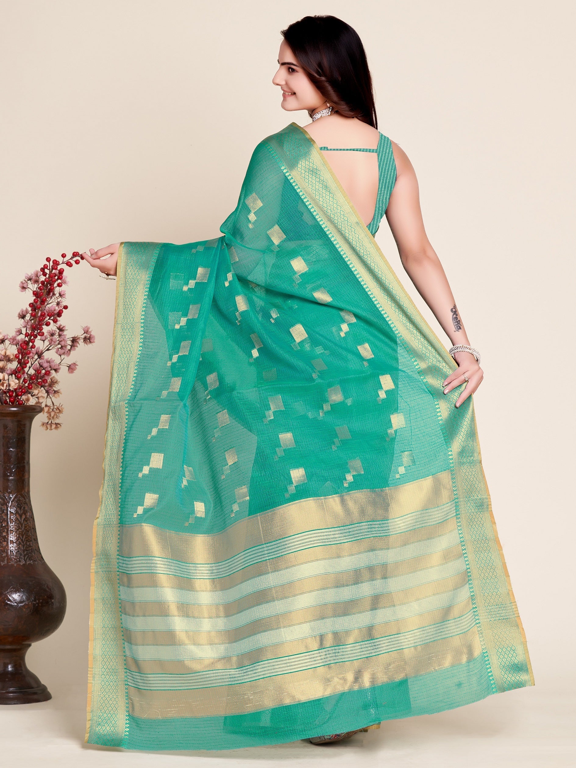 Vedant Vastram Cotton Silk Silk Jacquard Fancy Saree - Seegreen | Grocsy