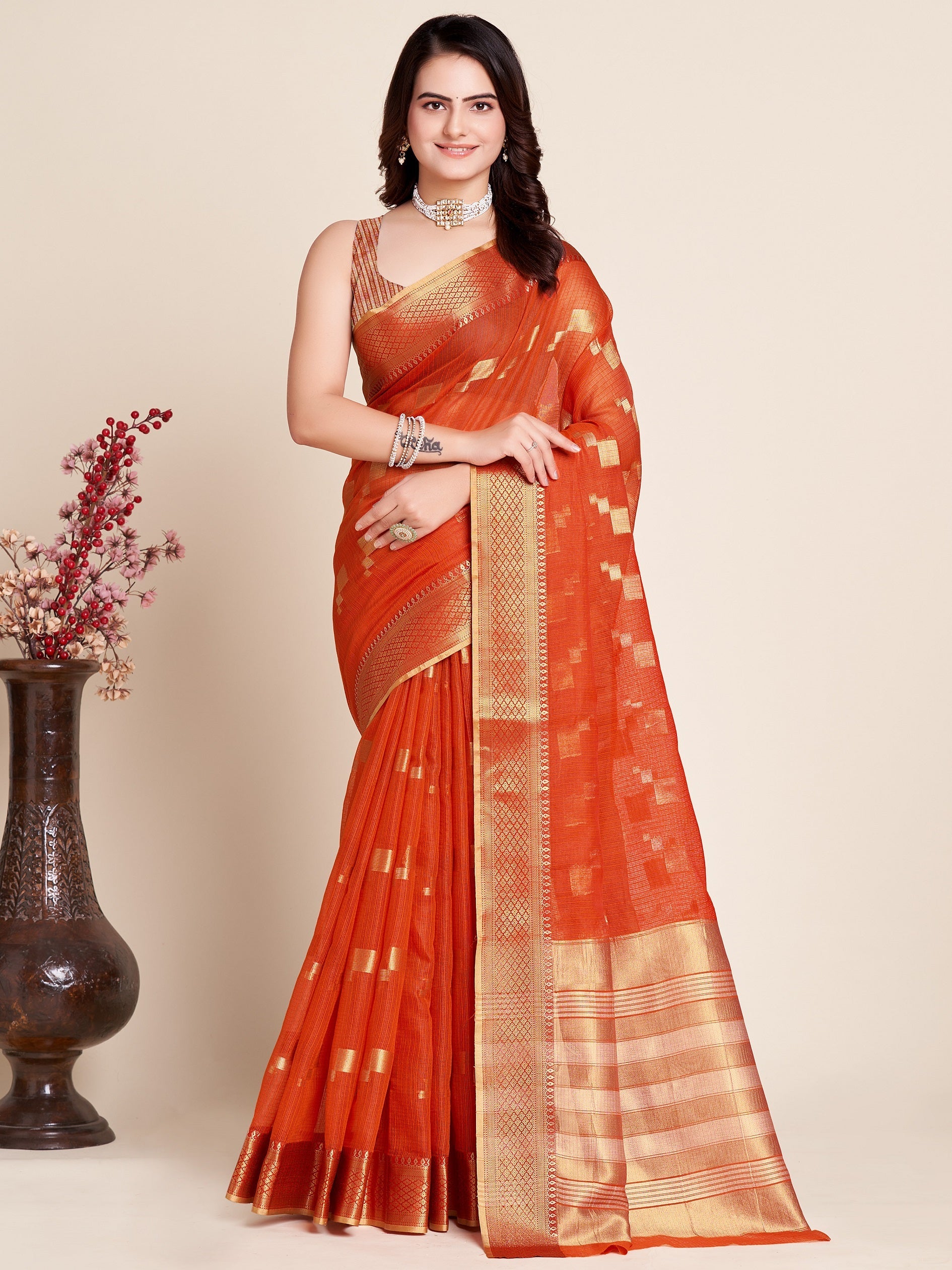 Vedant Vastram Cotton Silk Silk Jacquard Fancy Saree - Tomato | Grocsy