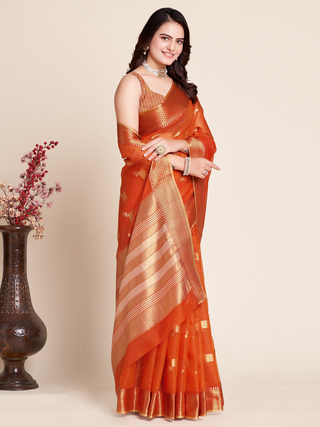 Vedant Vastram Cotton Silk Silk Jacquard Fancy Saree - Tomato | Grocsy