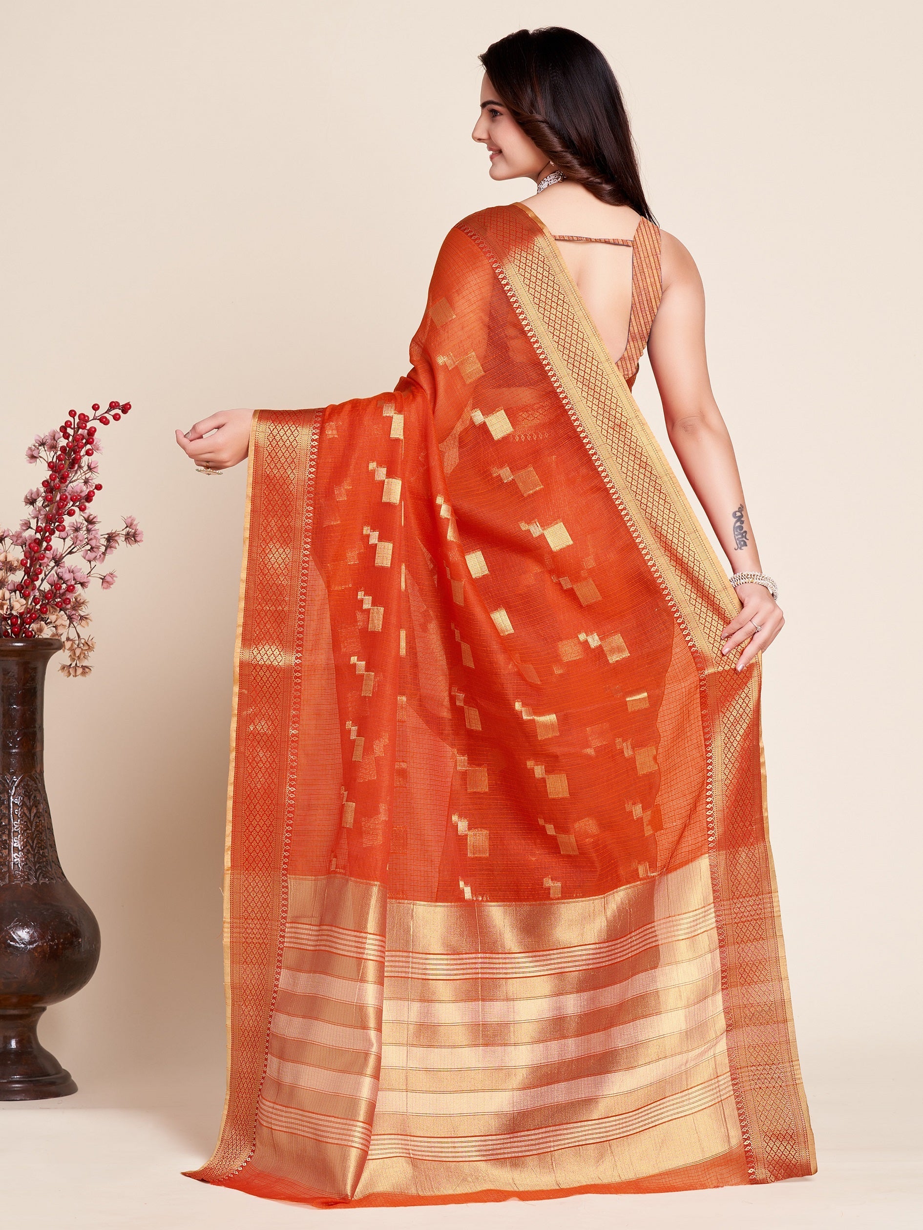 Vedant Vastram Cotton Silk Silk Jacquard Fancy Saree - Tomato | Grocsy