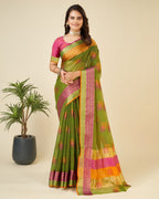 Vedant Vastram Cotton Silk Silk Jacquard Fancy Saree - Mahendi | Grocsy
