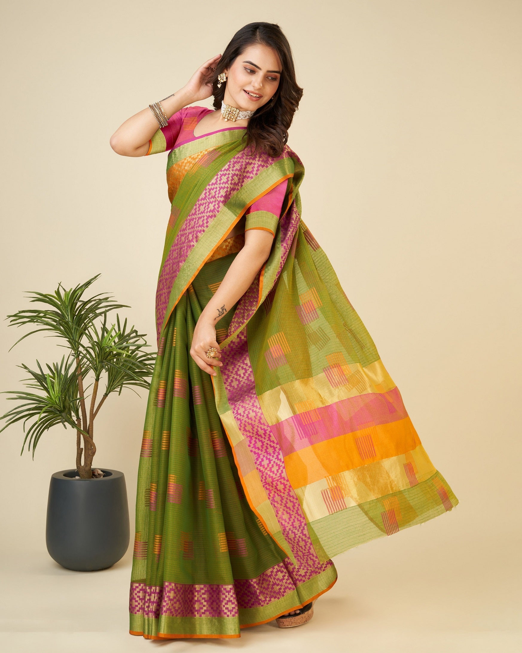 Vedant Vastram Cotton Silk Silk Jacquard Fancy Saree - Mahendi | Grocsy