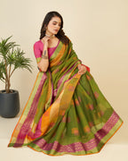 Vedant Vastram Cotton Silk Silk Jacquard Fancy Saree - Mahendi | Grocsy