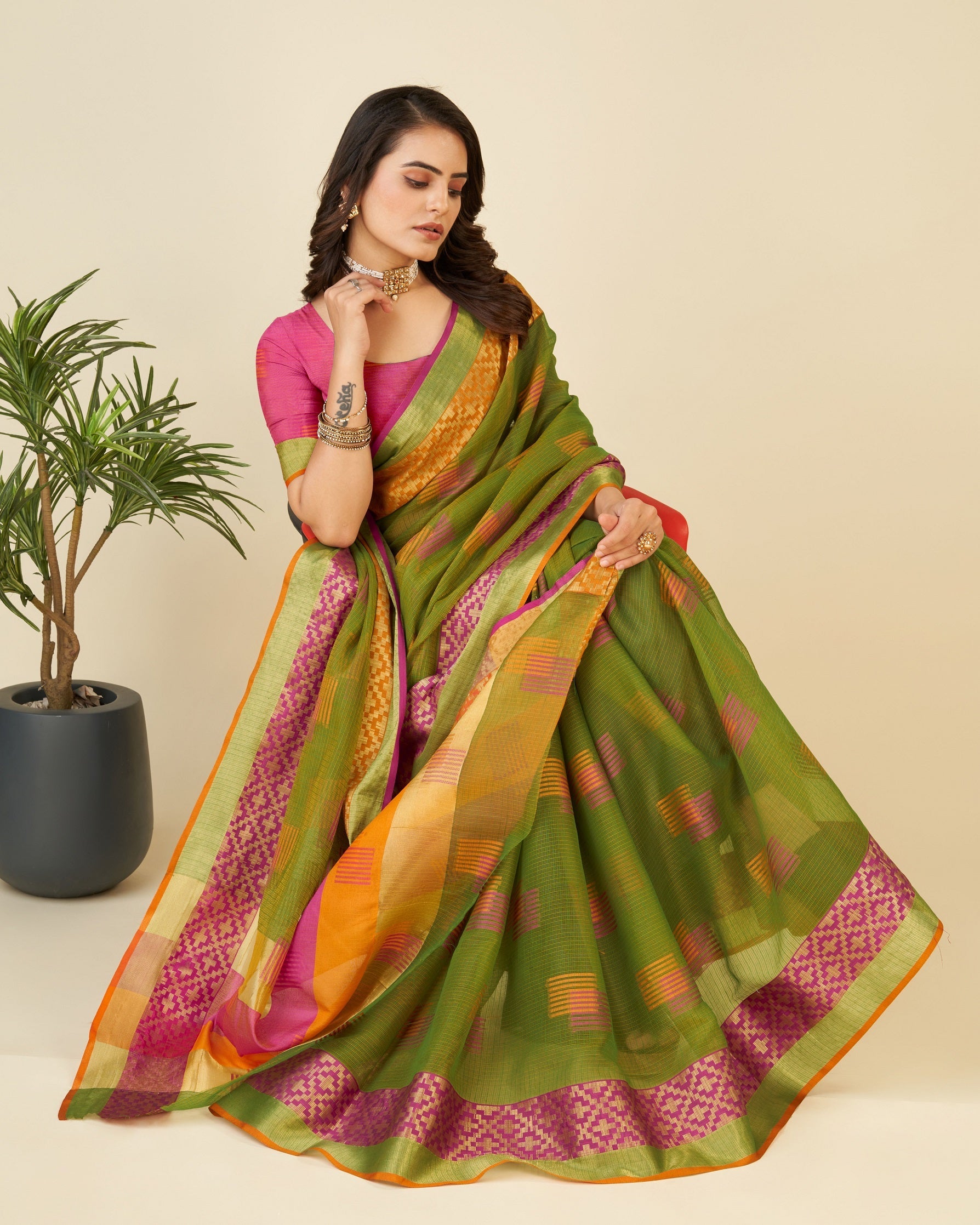Vedant Vastram Cotton Silk Silk Jacquard Fancy Saree - Mahendi | Grocsy