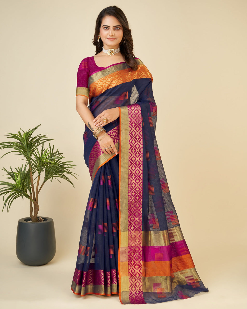 Vedant Vastram Cotton Silk Silk Jacquard Fancy Saree - Navy | Grocsy