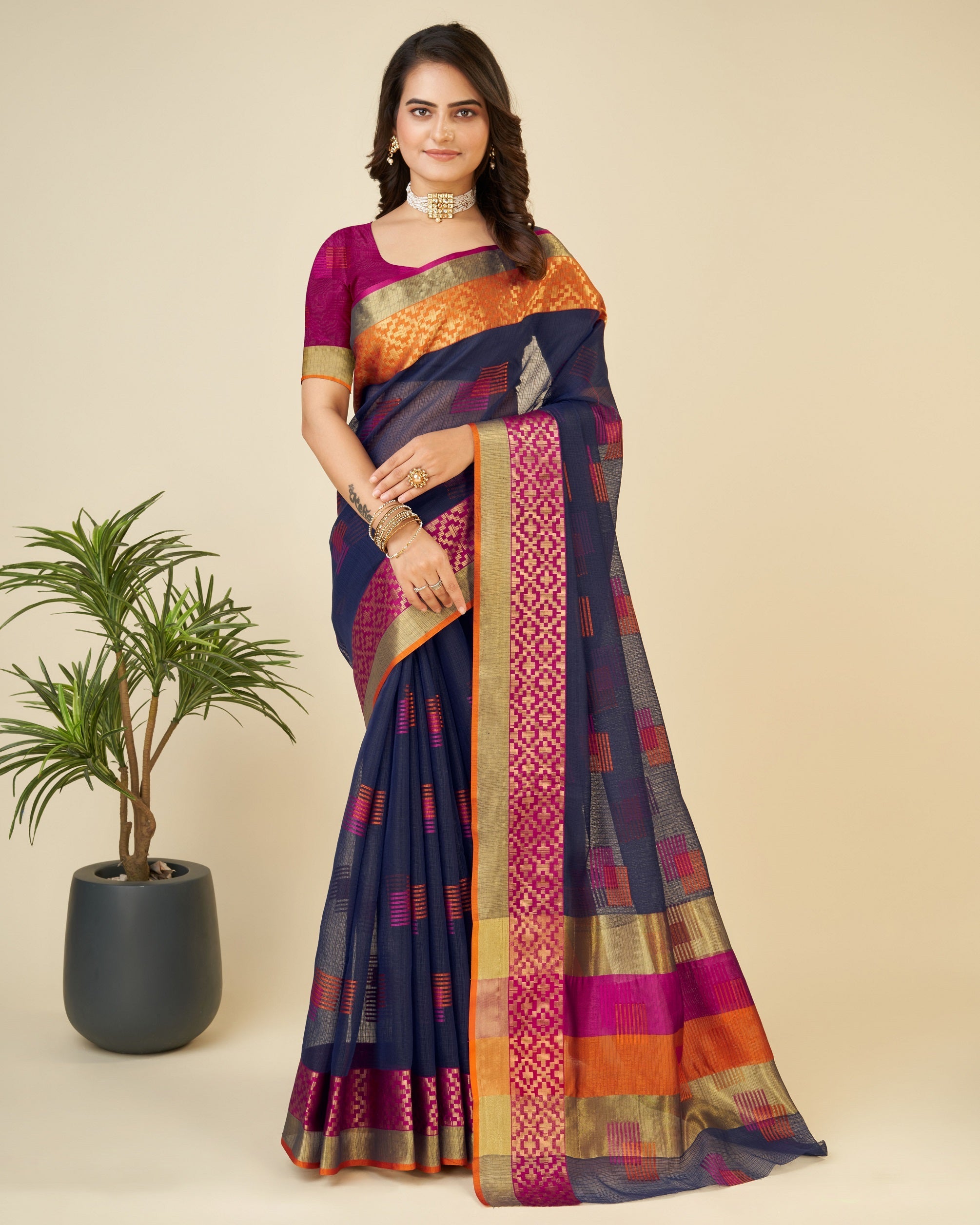 Vedant Vastram Cotton Silk Silk Jacquard Fancy Saree - Navy | Grocsy