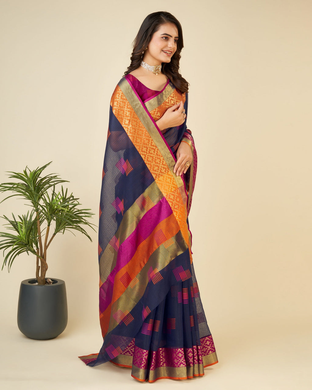 Vedant Vastram Cotton Silk Silk Jacquard Fancy Saree - Navy | Grocsy