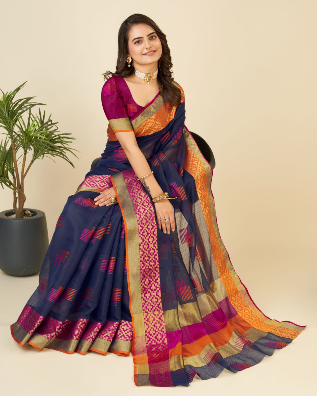 Vedant Vastram Cotton Silk Silk Jacquard Fancy Saree - Navy | Grocsy