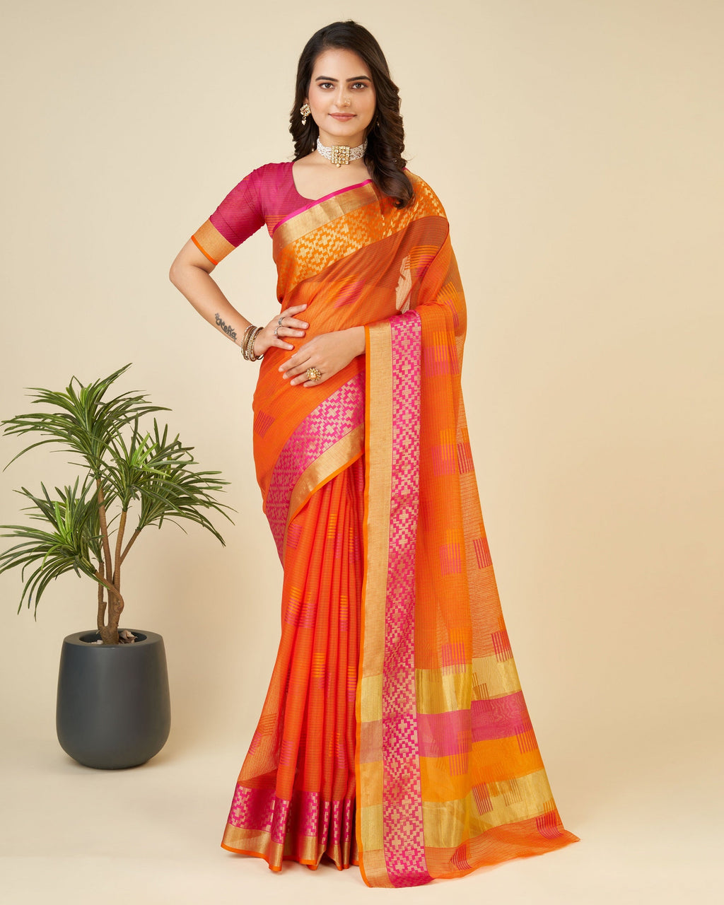 Vedant Vastram Cotton Silk Silk Jacquard Fancy Saree - Orange | Grocsy
