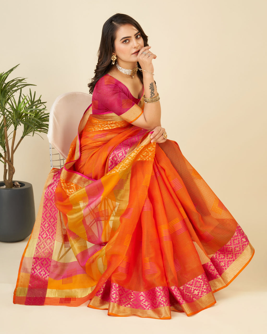 Vedant Vastram Cotton Silk Silk Jacquard Fancy Saree - Orange | Grocsy