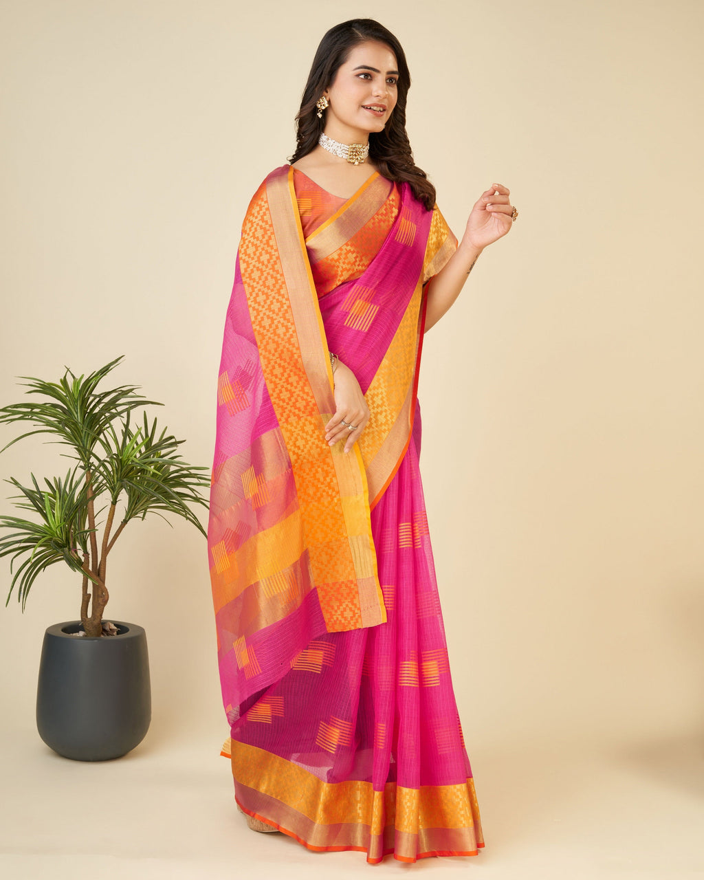 Vedant Vastram Cotton Silk Silk Jacquard Fancy Saree - Pink | Grocsy