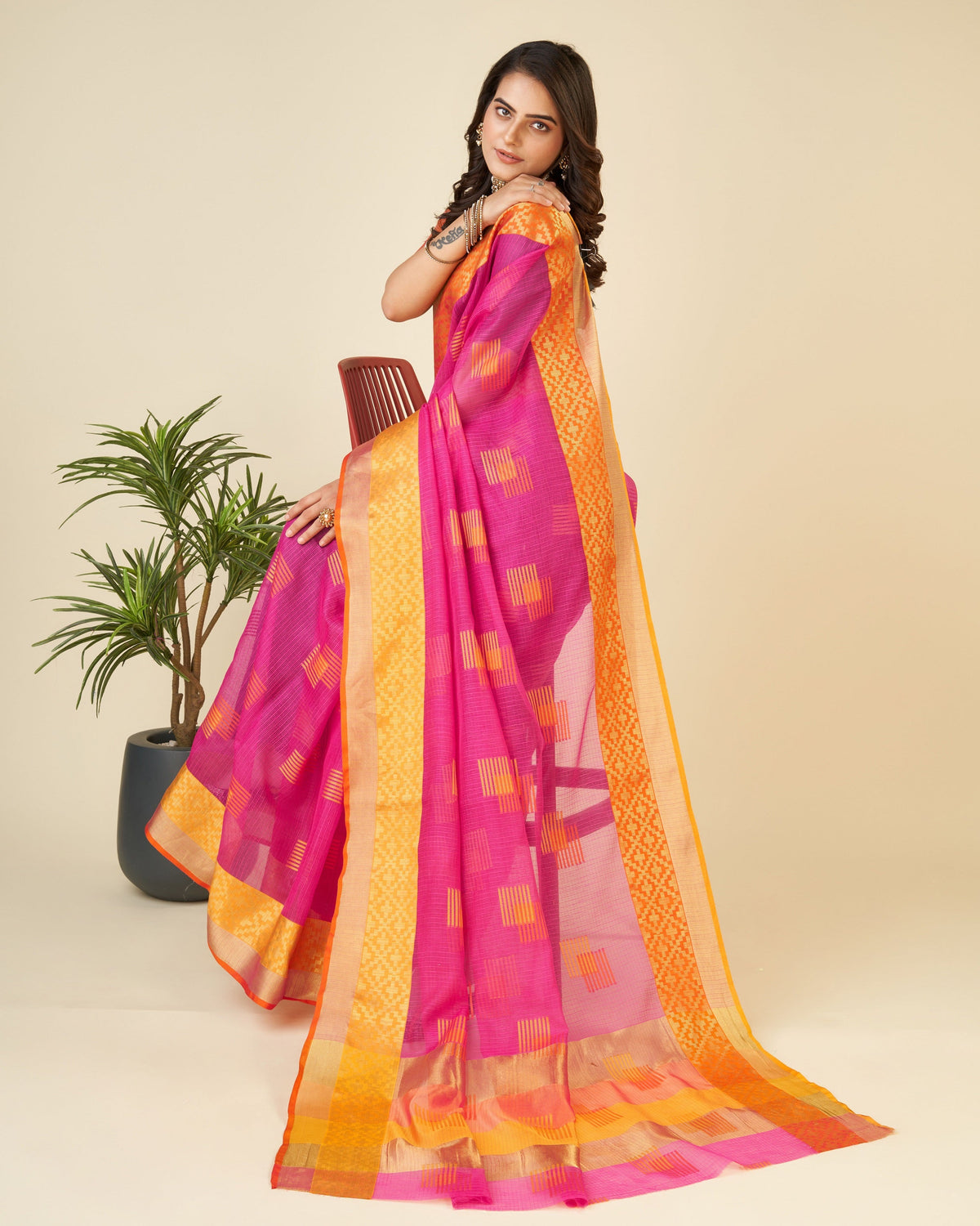Vedant Vastram Cotton Silk Silk Jacquard Fancy Saree - Pink | Grocsy