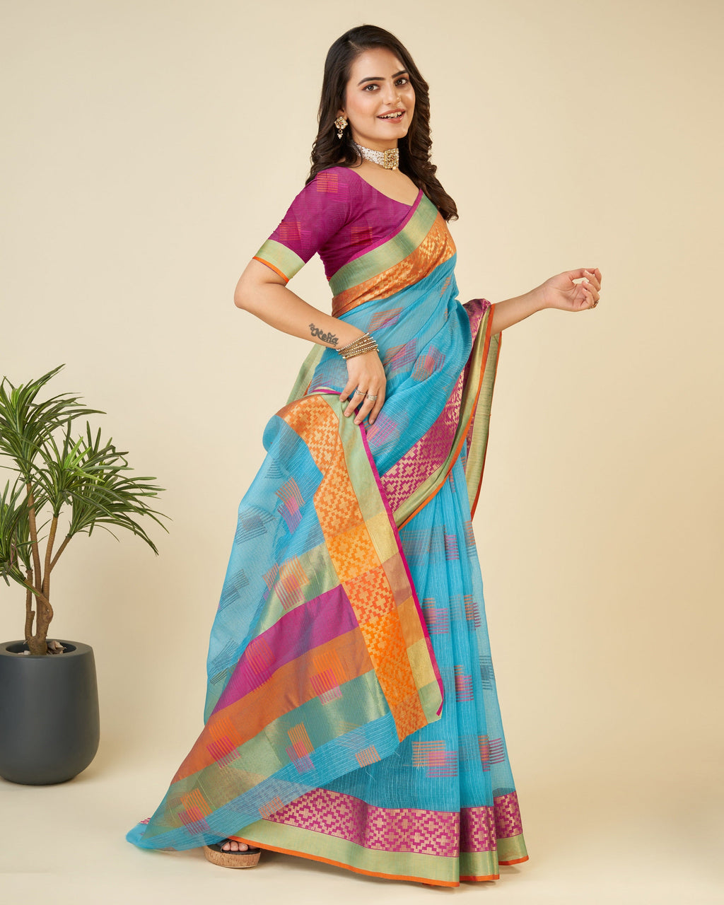 Vedant Vastram Cotton Silk Silk Jacquard Fancy Saree - Rama | Grocsy