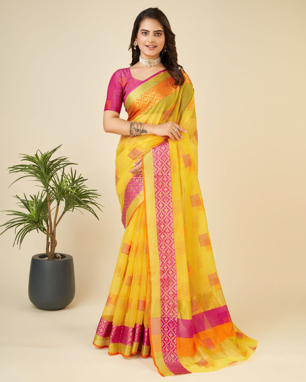Vedant Vastram Cotton Silk Silk Jacquard Fancy Saree - Yellow | Grocsy