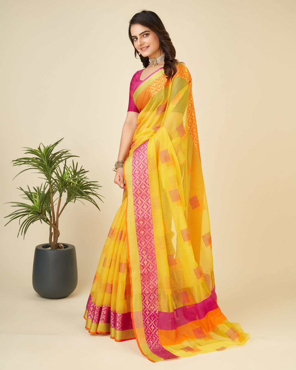 Vedant Vastram Cotton Silk Silk Jacquard Fancy Saree - Yellow | Grocsy