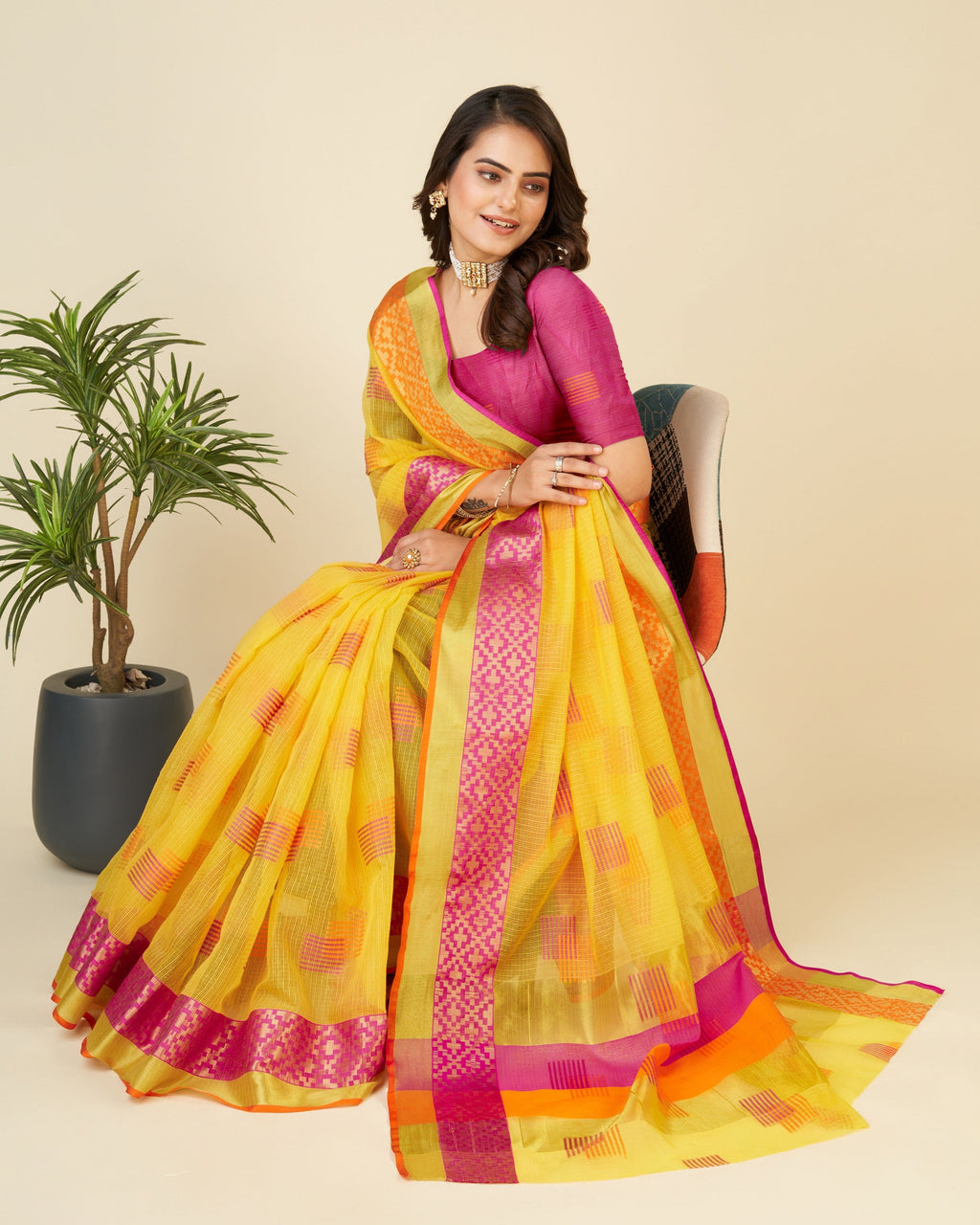 Vedant Vastram Cotton Silk Silk Jacquard Fancy Saree - Yellow | Grocsy