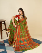 Vedant Vastram Cotton Silk Silk Jacquard Fancy Saree - Mahendi | Grocsy
