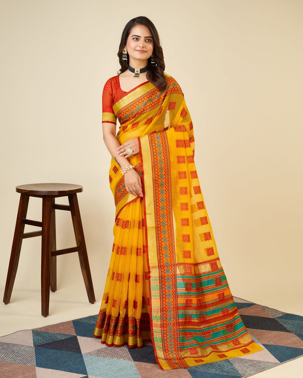 Vedant Vastram Cotton Silk Silk Jacquard Fancy Saree - Mustard | Grocsy