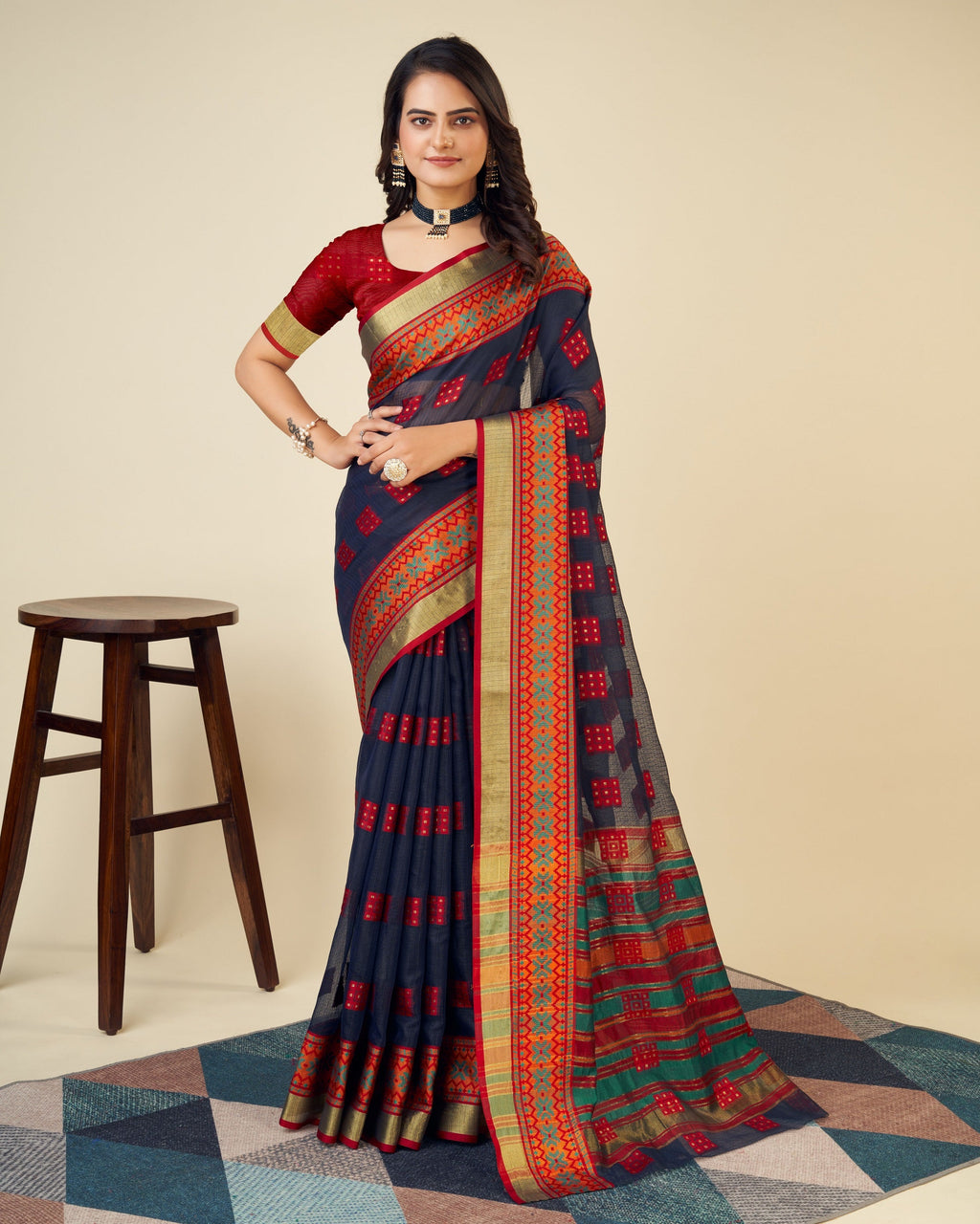 Vedant Vastram Cotton Silk Silk Jacquard Fancy Saree - Navy | Grocsy