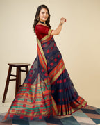 Vedant Vastram Cotton Silk Silk Jacquard Fancy Saree - Navy | Grocsy