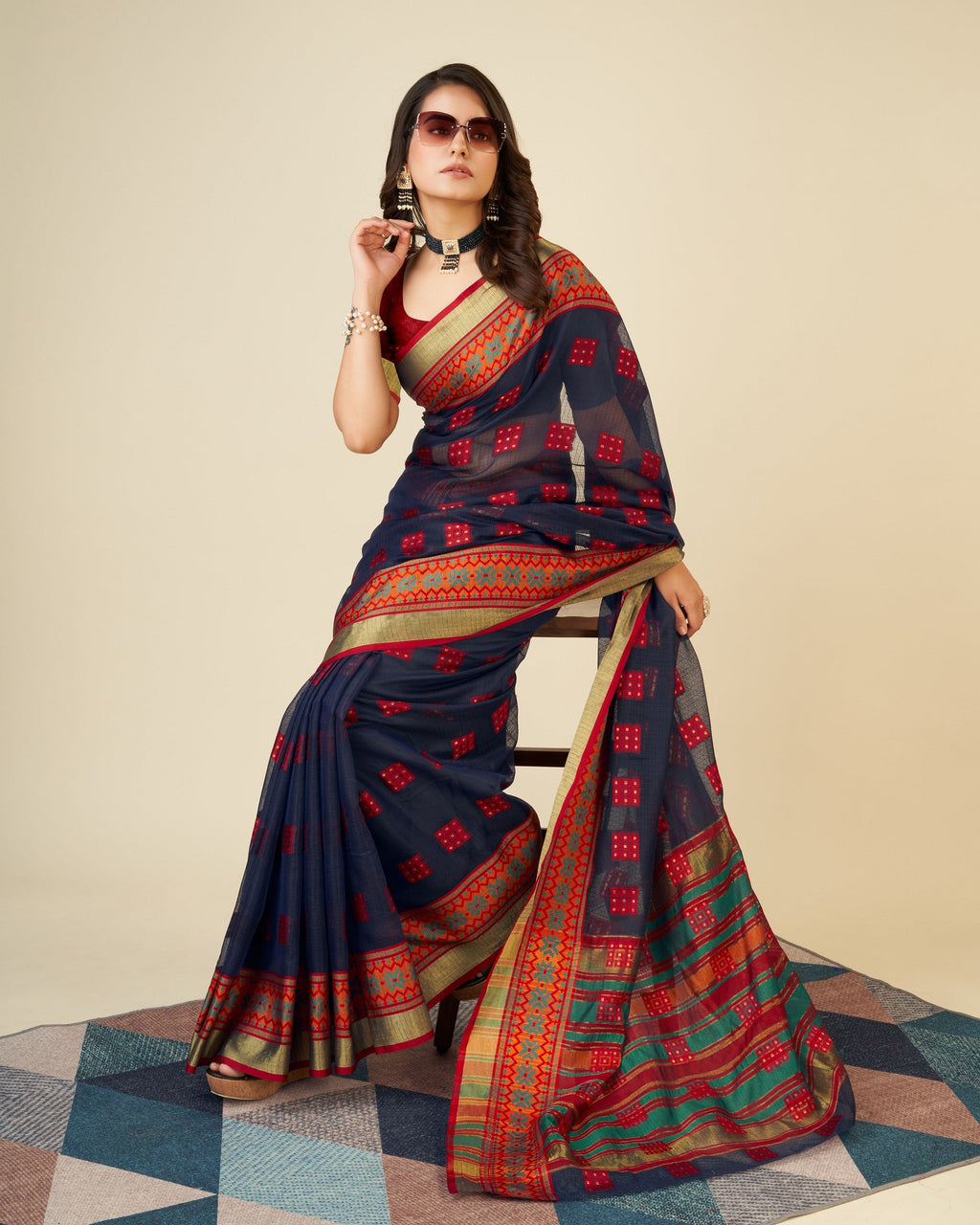 Vedant Vastram Cotton Silk Silk Jacquard Fancy Saree - Navy | Grocsy