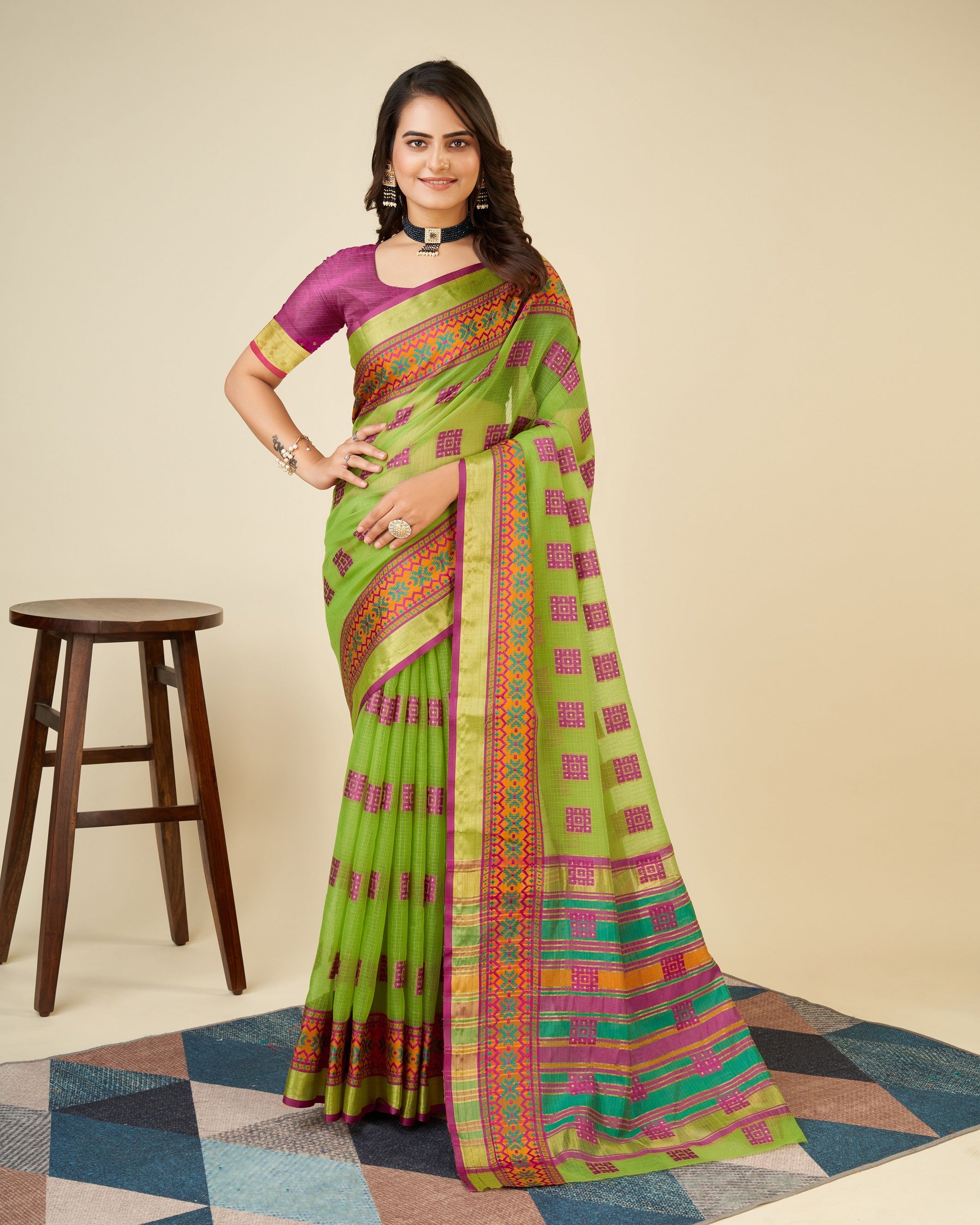 Vedant Vastram Cotton Silk Silk Jacquard Fancy Saree - Olive | Grocsy