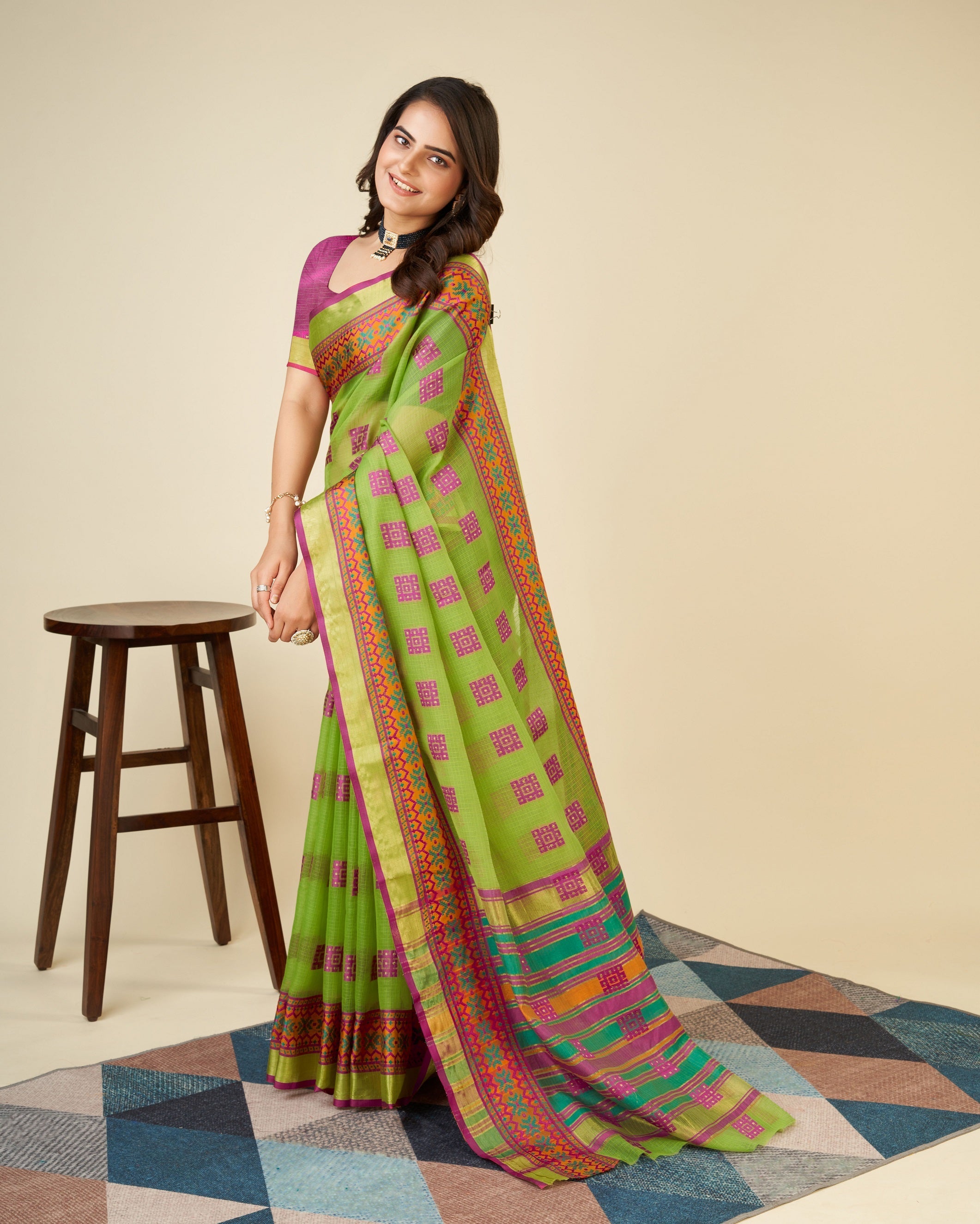 Vedant Vastram Cotton Silk Silk Jacquard Fancy Saree - Olive | Grocsy
