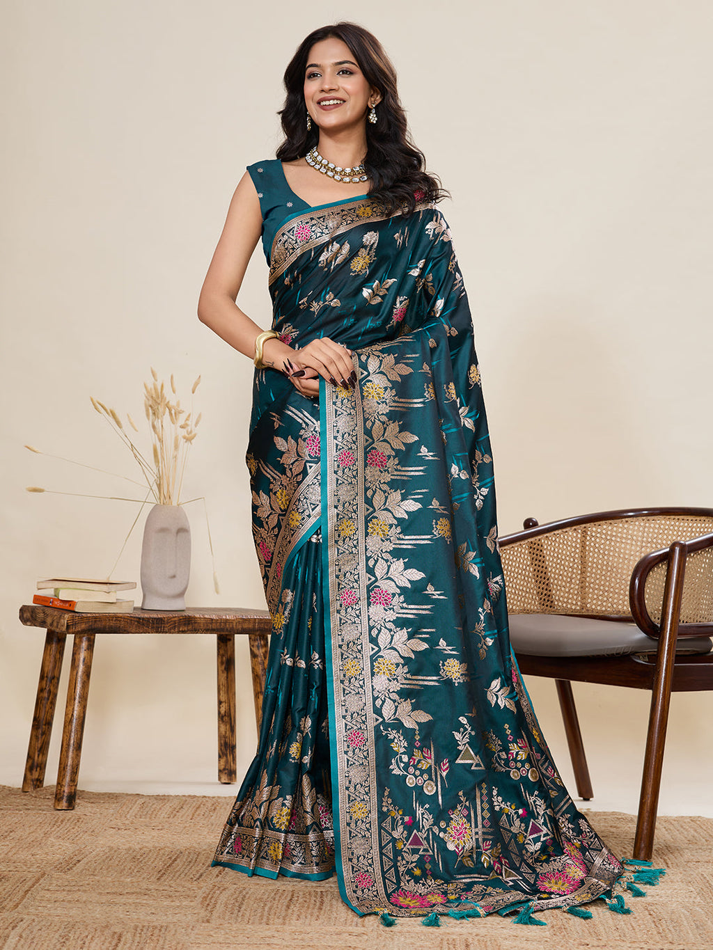 Vedant Vastram Soft Litchi Silk Banarasi Silk Jacquard Saree - Firozi | Grocsy
